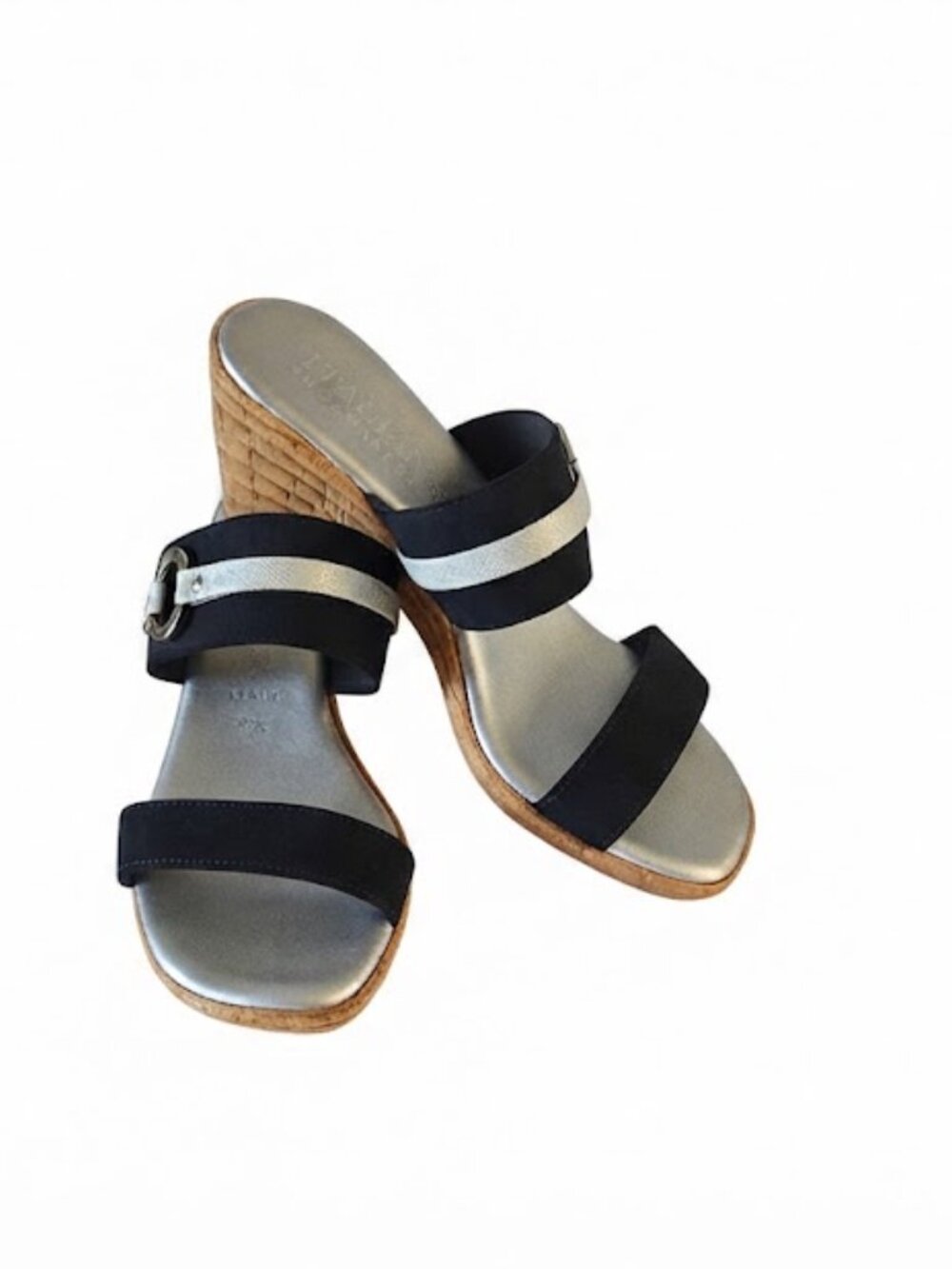 Italian Shoemakers Black Silver Two-Strap Wedge Sandals Size 7.5